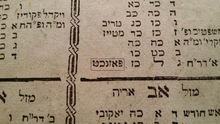 Hebr&auml;ischer Kalender von 1759, Ausschnitt mit dem Feiertag &amp;quot;Fasnacht&amp;quot;